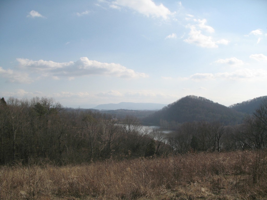 French Broad River with the Great Smoky Mountains in the distance.